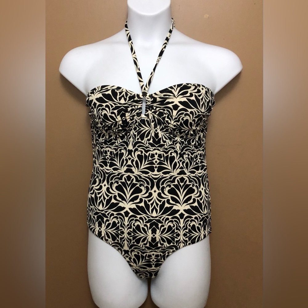 One piece Off White & Black Patterned Tie-neck Swimsuit